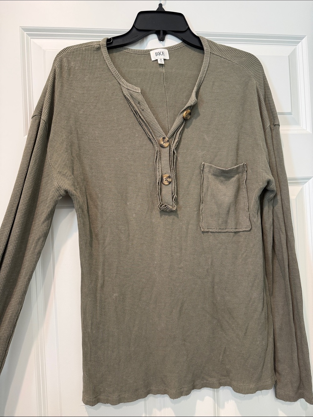 BKE Olive Waffle Knit Henley with Chest Pocket